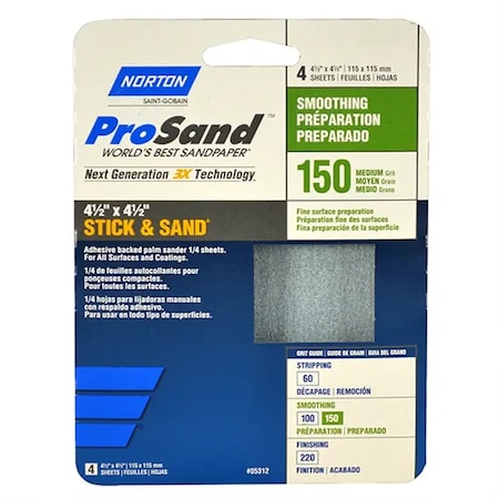 Norton Co 4-1/2" x 4-1/2" ProSand Stick & Sand Sanding Sheet 150-Grit, PK 4 05312